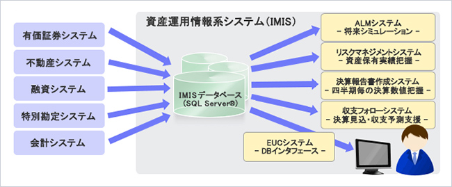 有価証券システム、不動産システム、融資システム、特別勘定システム、会計システムの各データは資産運用情報系システム（IMIS（通称「アイミス」））によりデータベース化され、ALMシステム、リスクマネジメントシステム、決算報告書システム、収支フォローシステムEUCシステムなどで活用しています。
IMISデータベースとそのデータを活用する各システムはT-STAR/CORE®に機能を移管しており、現在のIMISデータベースには特別勘定システムのデータ全般とそれ以外のシステムの過去分データを保有しています。