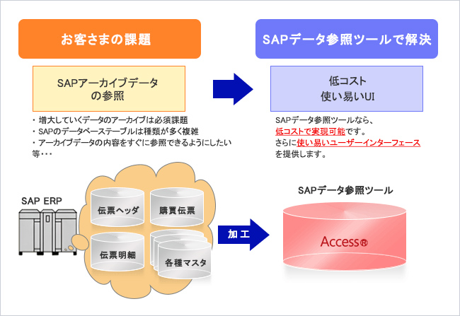 お客さまの課題を、SAPデータ参照ツールを用いSAPアーカイブデータの参照をおこなうことで解決します。SAPデータ参照ツールは、低コストで使いやすいUIを提供しています。伝票ヘッダ、購買伝票、伝票明細、各種マスタはAccess®ファイルに加工し、SAPデータ参照ツールに蓄積されています。